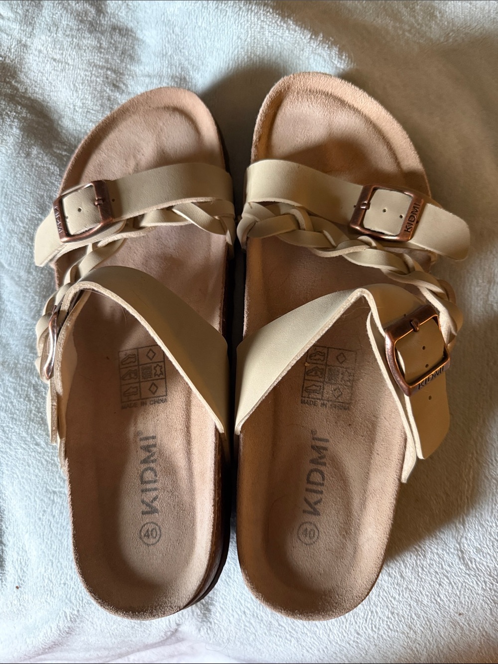 Kidami Braided Strap Slide Sandals in Beige with Rose Gold Buckles